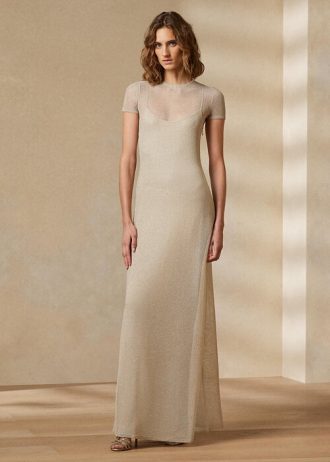 Beige Women’s Ralph Lauren Mesh Short-Sleeve Evening Dress