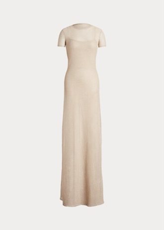 Beige Women’s Ralph Lauren Mesh Short-Sleeve Evening Dress