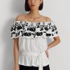 Black / White Women’s Ralph Lauren Embroidered Jersey Off-the-Shoulder Tops