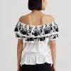 Black / White Women’s Ralph Lauren Embroidered Jersey Off-the-Shoulder Tops