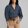 Blue Women’s Ralph Lauren Floral Crinkled Cotton Voile Blouse Shirts