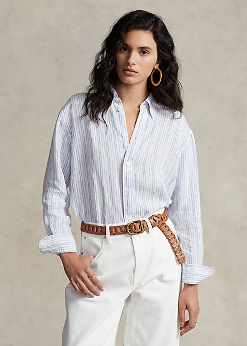 Blue Women’s Ralph Lauren Relaxed Fit Striped Linen Shirts Blue Women’s Ralph Lauren Relaxed Fit Striped Linen Shirts