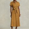 Brown Women’s Ralph Lauren Belted Linen Short-Sleevedress Dress