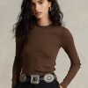 Brown Women’s Ralph Lauren Ribbed Suede-Trim Long-Sleeve T Shirts