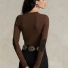 Brown Women’s Ralph Lauren Ribbed Suede-Trim Long-Sleeve T Shirts