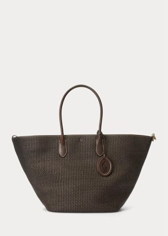 Chocolate Women’s Ralph Lauren Leather-Trim Straw Large Bellport Tote Bags