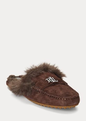 Chocolate Women’s Ralph Lauren Savanah Faux Fur-Trim Suede Flat Shoes