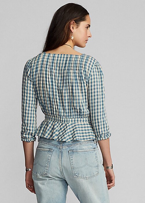 Cream / Blue Women’s Ralph Lauren Gingham Voile Peplum Blouse Shirts Cream / Blue Women’s Ralph Lauren Gingham Voile Peplum Blouse Shirts