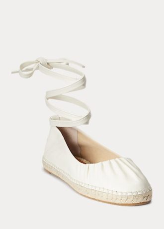 Cream Women’s Ralph Lauren Cecilia Nappa Leather Lace-Up Flat Shoes