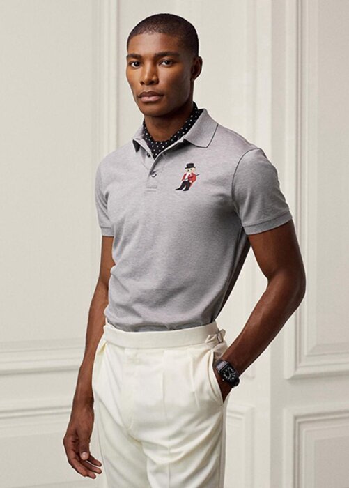 Grey Men’s Ralph Lauren Custom Slim Fit Bear Polo Shirts Grey Men’s Ralph Lauren Custom Slim Fit Bear Polo Shirts