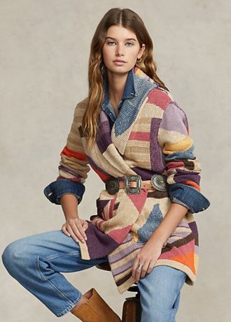 Multicolor Women’s Ralph Lauren Geo-Motif Shawl Linen-Blend Sweaters