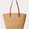 Natural/Sport Pink Women’s Ralph Lauren Leather-Trim Straw Large Brie Tote Bags