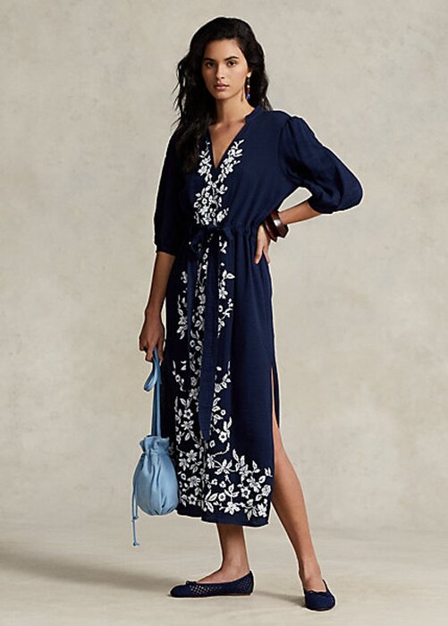 Navy Women’s Ralph Lauren Floral-Embroidered Gauze Maxidress Dress Navy Women’s Ralph Lauren Floral-Embroidered Gauze Maxidress Dress