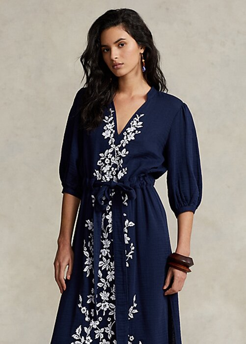 Navy Women’s Ralph Lauren Floral-Embroidered Gauze Maxidress Dress Navy Women’s Ralph Lauren Floral-Embroidered Gauze Maxidress Dress