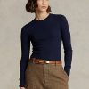 Navy Women’s Ralph Lauren Ribbed Suede-Trim Long-Sleeve T Shirts