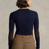 Navy Women’s Ralph Lauren Ribbed Suede-Trim Long-Sleeve T Shirts