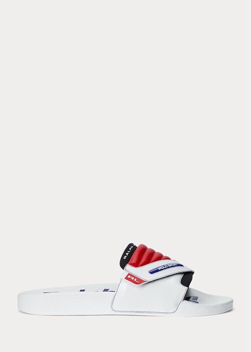 White / Red Men’s Ralph Lauren Color-Blocked Leather Moto Slippers White / Red Men’s Ralph Lauren Color-Blocked Leather Moto Slippers
