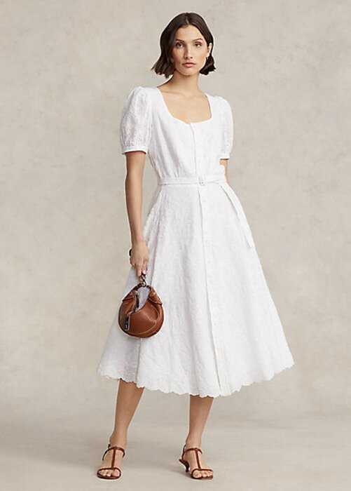 White Women’s Ralph Lauren Eyelet-Embroidered Linen Dress White Women’s Ralph Lauren Eyelet-Embroidered Linen Dress