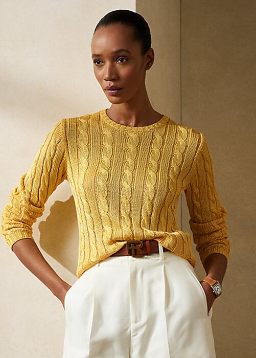 Yellow Women’s Ralph Lauren Cable-Knit Silk Crewneck Sweaters Yellow Women’s Ralph Lauren Cable-Knit Silk Crewneck Sweaters